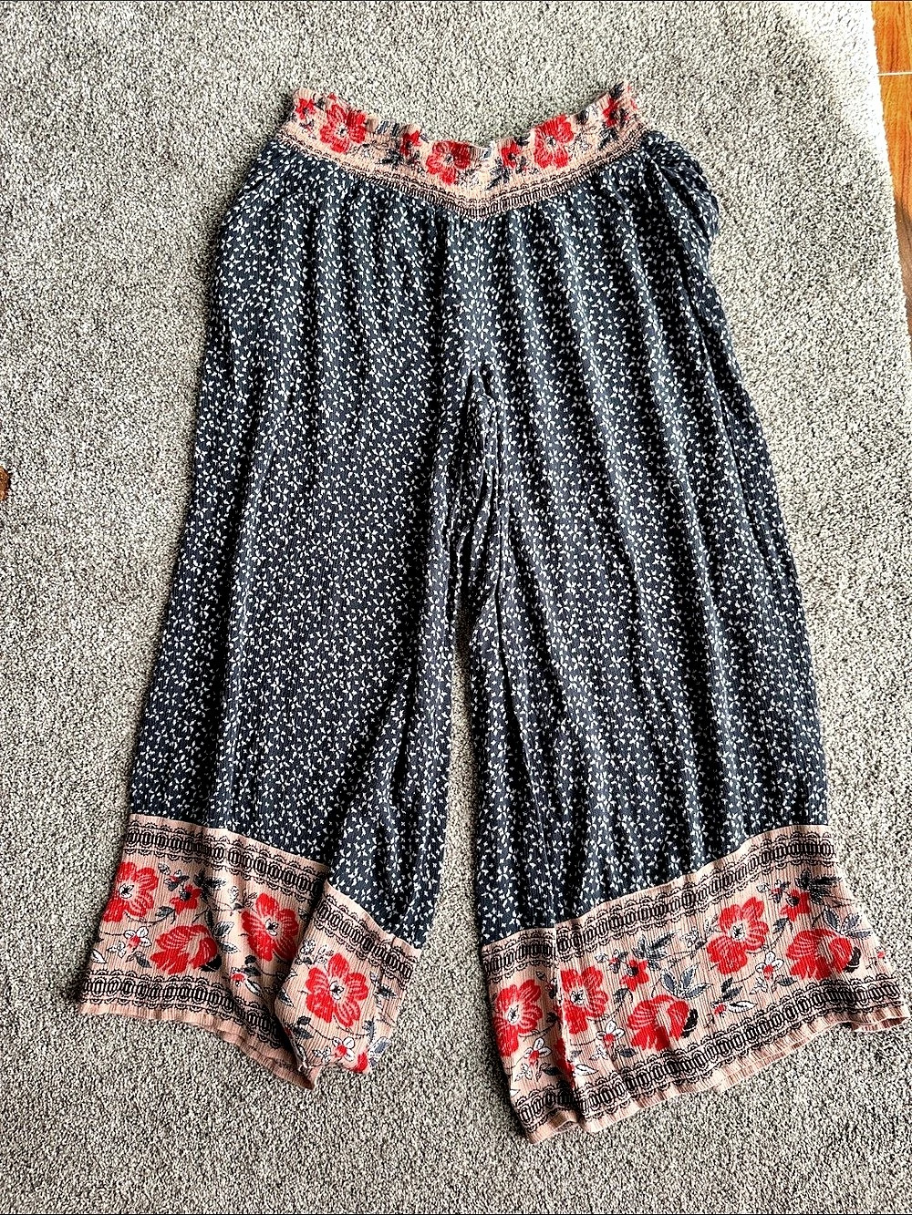 Free People Floral Wide Leg Pants in Blue & Pink